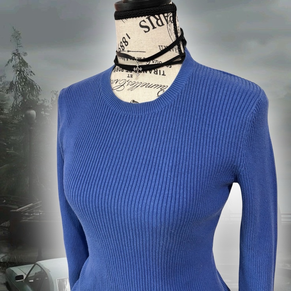 MODA International Blue Ribbed Knit Sweater - Picture 2 of 5